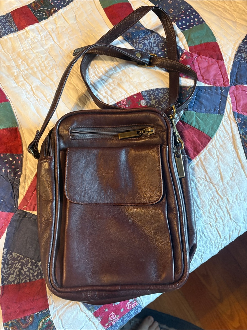 Unisex  Brown Leather Crossbody Bag - 3 zippered closures